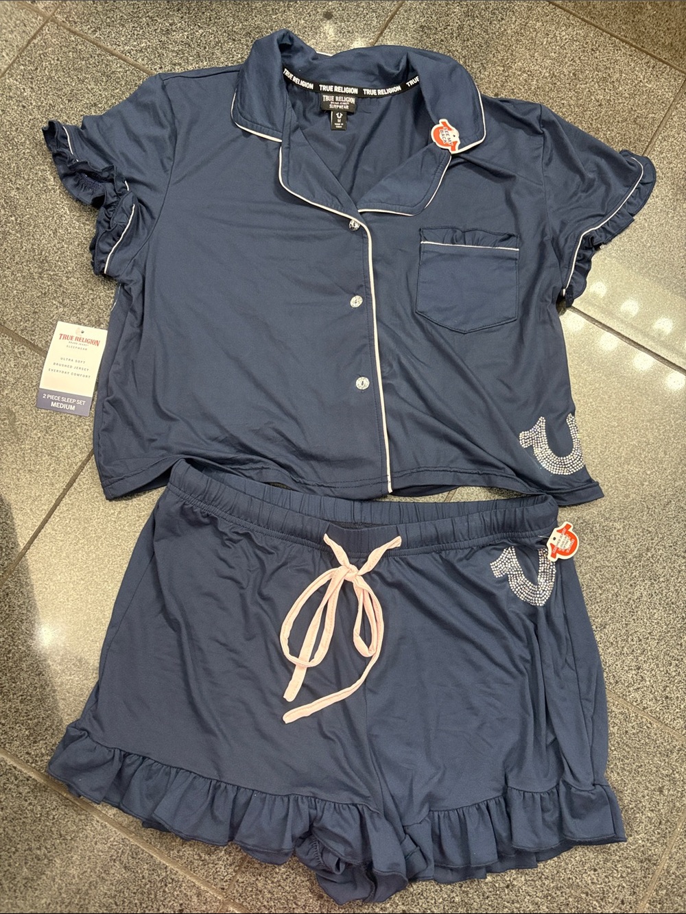 True Religion Navy Pajama Short Set with Pink Trim